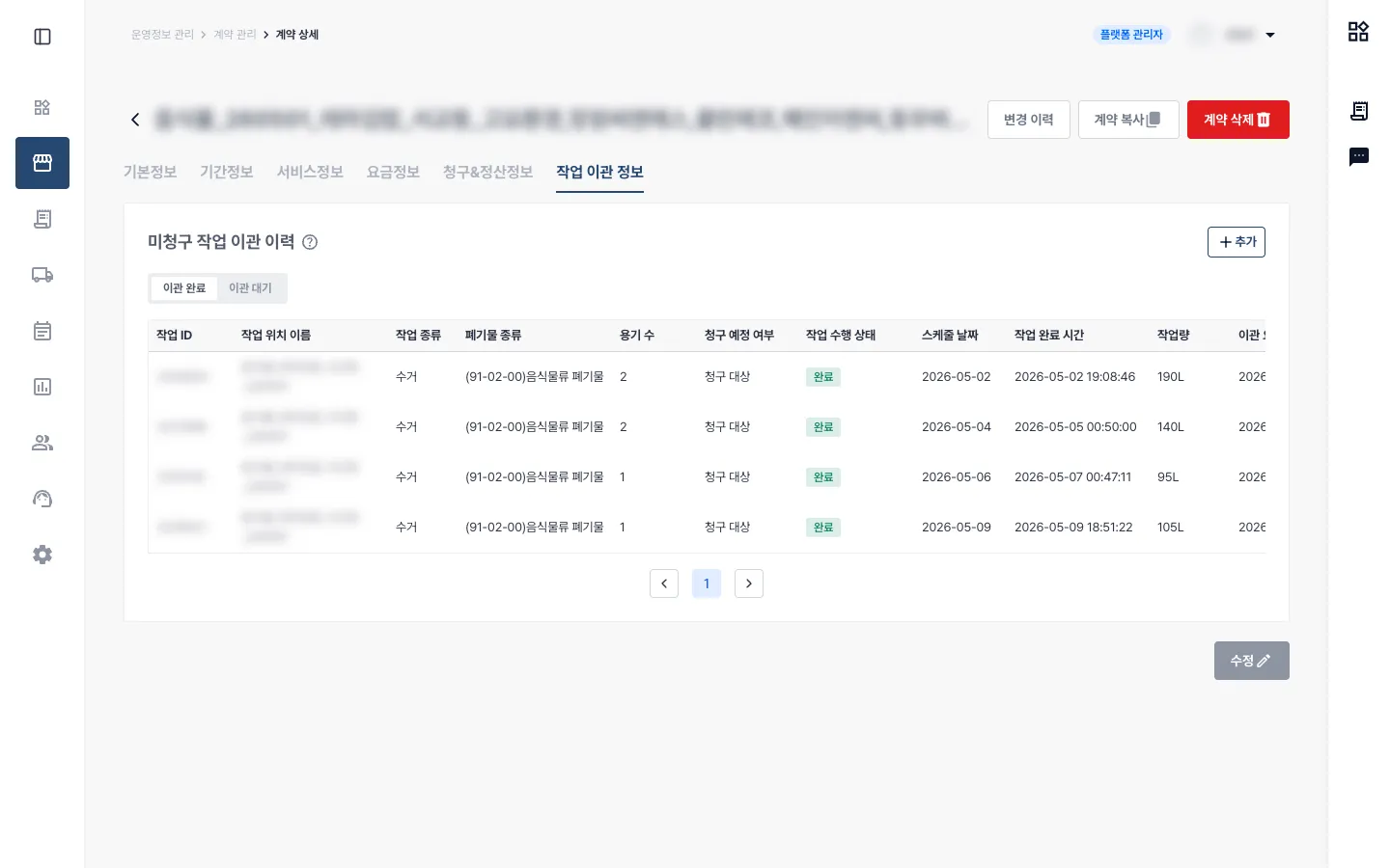 계약 상세의 메뉴와 정보 탭, 미청구 작업 이관 이력을 함께 보여주는 화면. 이관 완료와 이관 대기 탭에서 작업 종류, 청구 예정 여부, 수행 상태와 작업량을 확인합니다. 계약명과 계정, 작업 식별 정보는 흐림 처리했습니다.